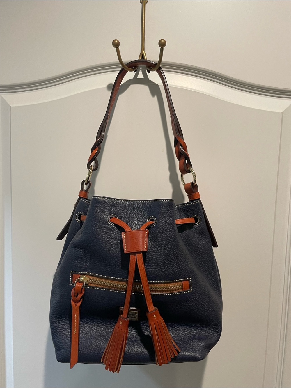 Dooney & Bourke Navy Blue Leather Drawstring Bucket Bag British Tan